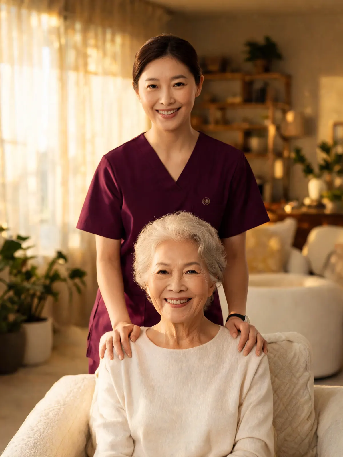 A caregiver rests her hands on the shoulders of a smiling older woman
