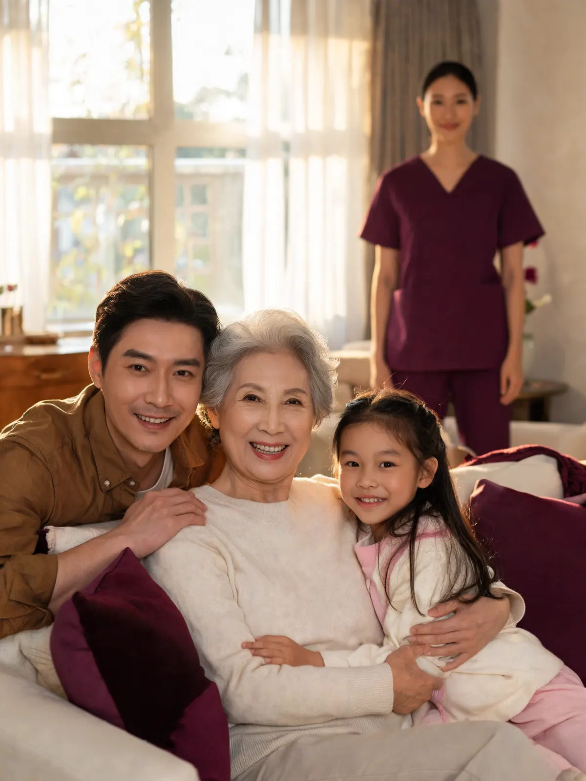 Three generations of a family laughing together at home