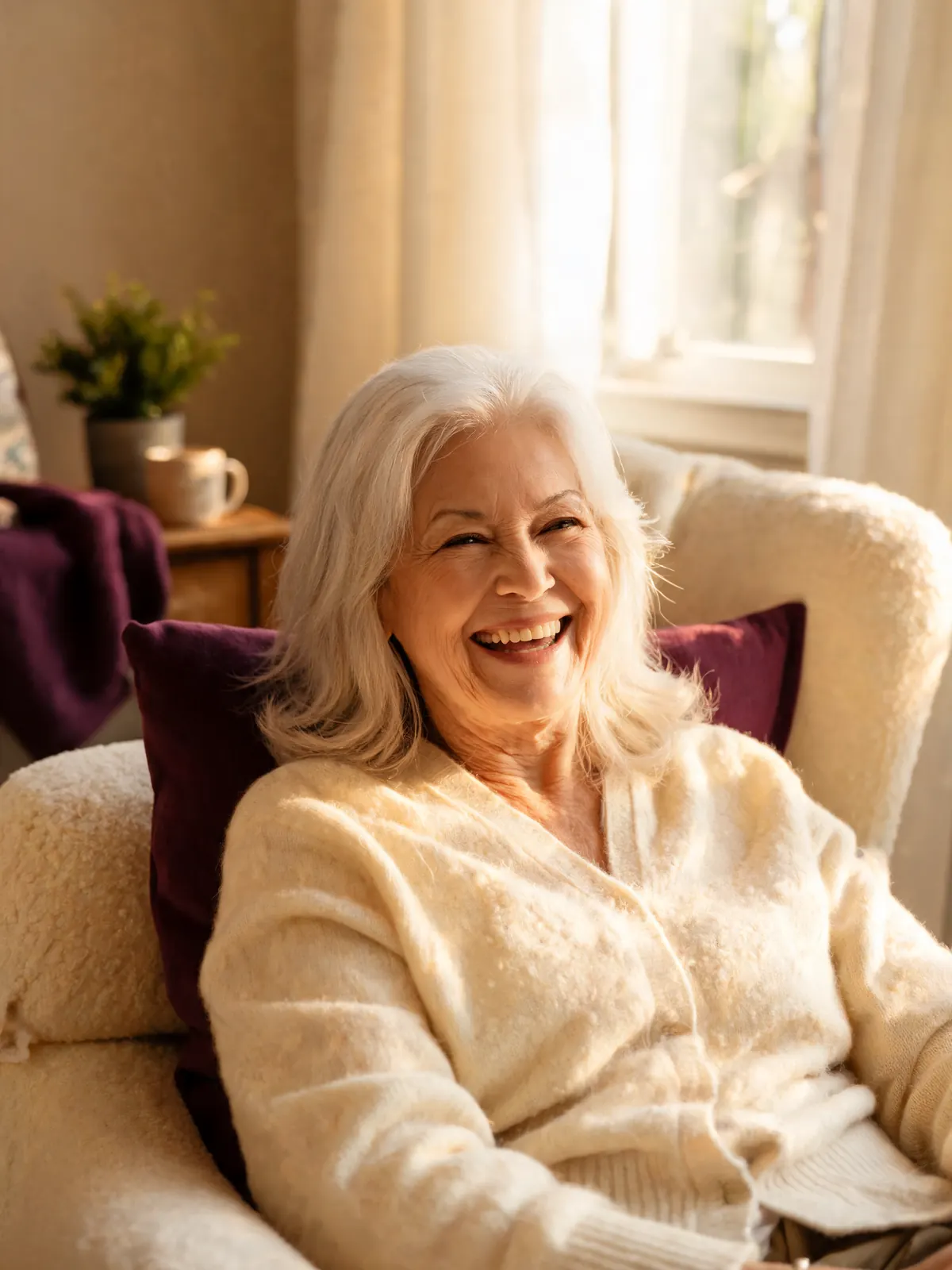 An older woman laughing in soft morning light